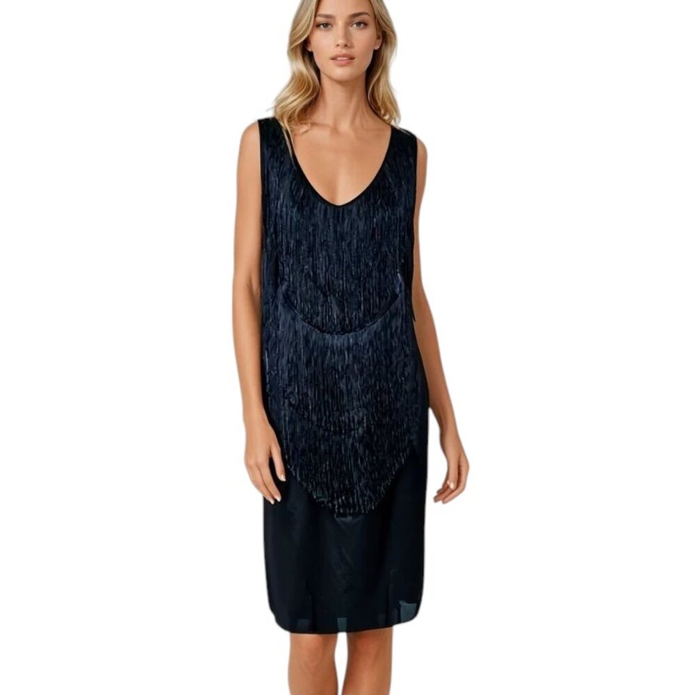LANVIN 2005 Black Satin Sleeveless Fringe Dress Size XS